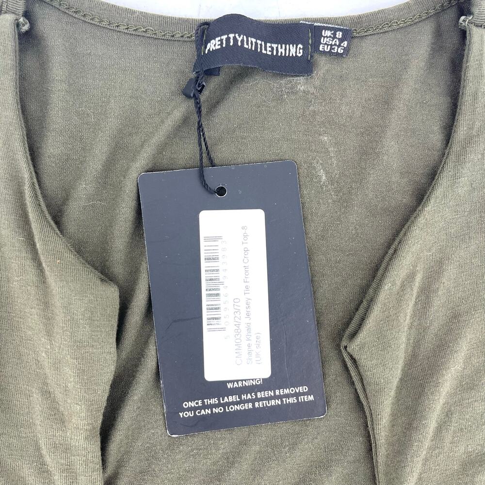 Pretty Little‎ Thing 4 Women's Khaki Jersey Front Tie Crop Top NWT - Picture 5 of 8